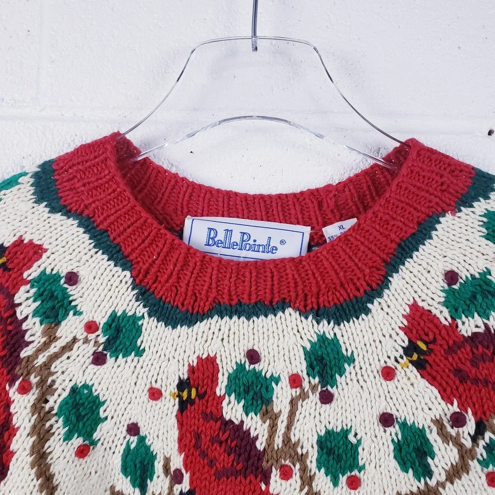 Vintage 90s BellePointe Sweater Red Cardinal Christmas Holiday Chunky Knit‎ XL